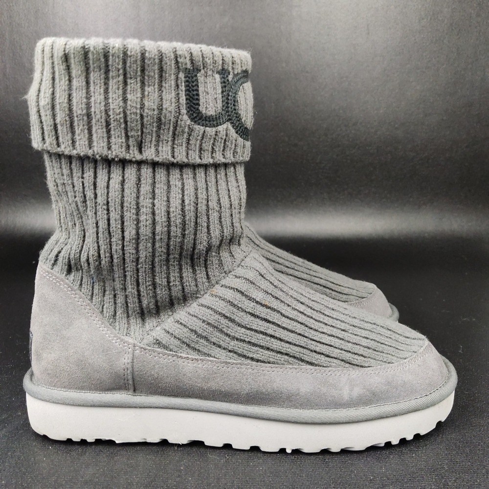 UGG Boots Womens 10 Grey Classic Cardy Knit Mid Calf Zip 1105709 Ribbed Logo